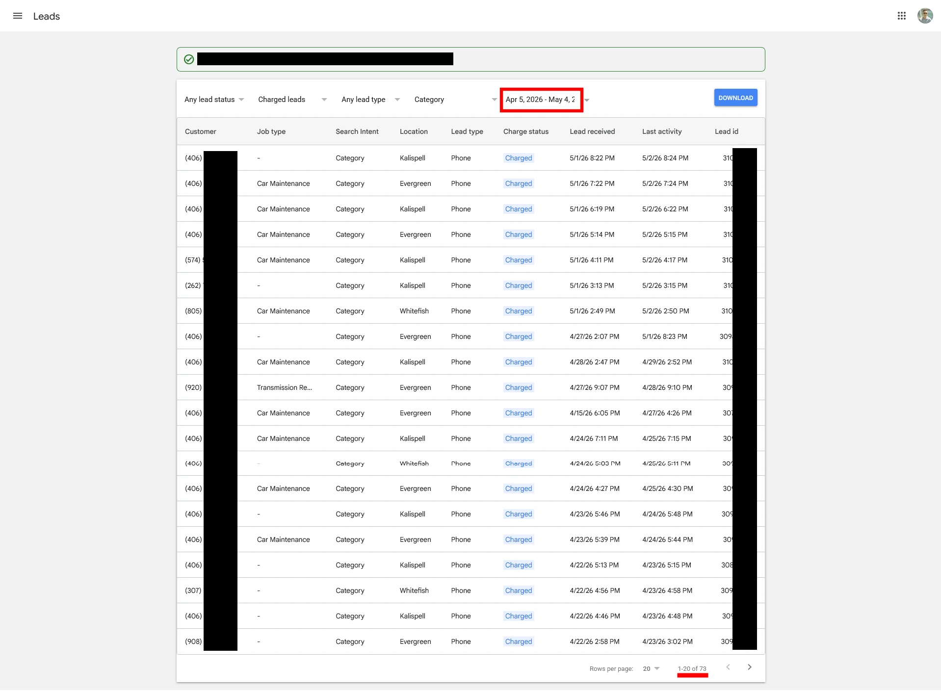 KAAR Google Local Services Ads lead inbox showing 73 leads in the trailing 30 days as of May 4, 2026