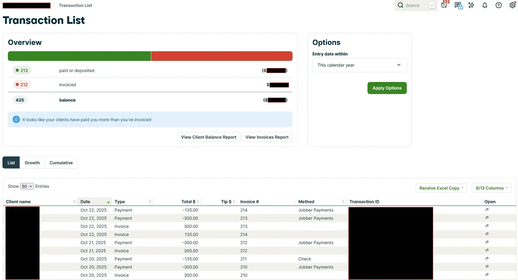 Redacted client reporting from Jobber